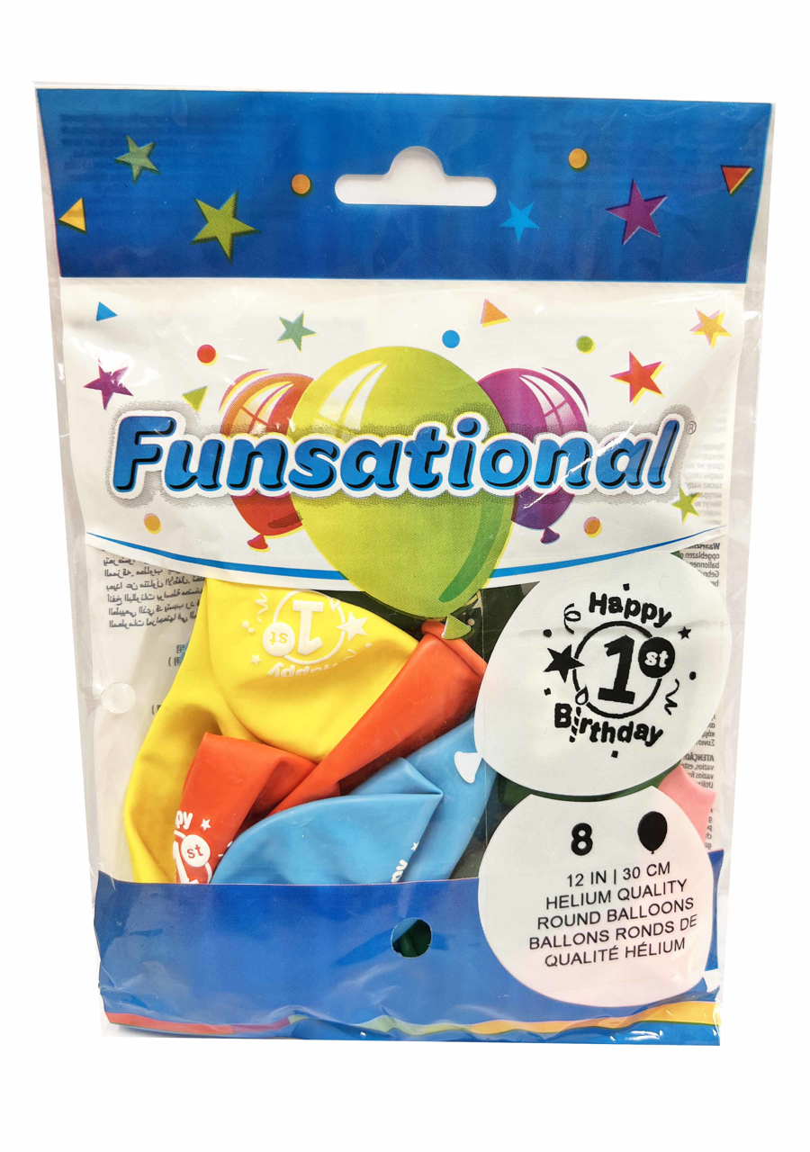 Picture of 12 Inch Funsational Balloons - Happy 1st Birthday (8/Bag Assorted )