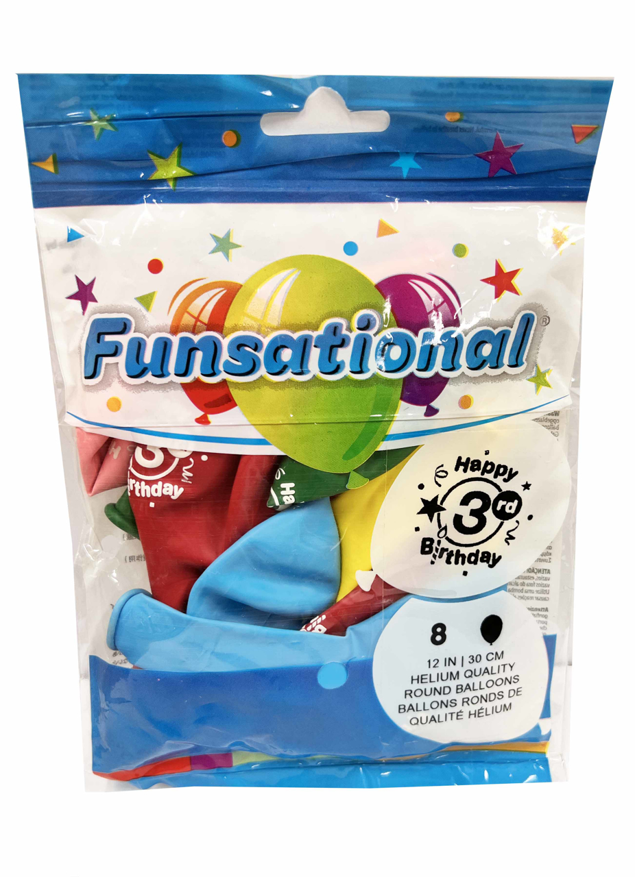 Picture of 12 Inch Funsational Balloons - Happy 3rd Birthday(8/Bag Assorted )